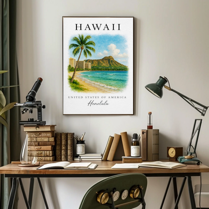 Honolulu Hawaii Diamond Head Beach Scene Poster