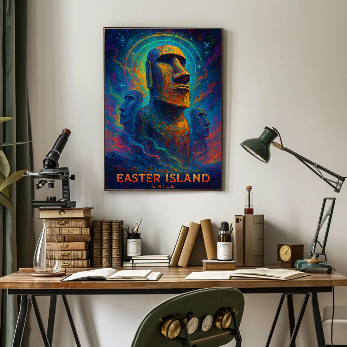 The poster showcases Easter Island, with a focus on the iconic Moai statues, Travel Poster