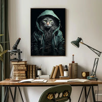 Cat in Teal Jacket Photorealistic Art Poster