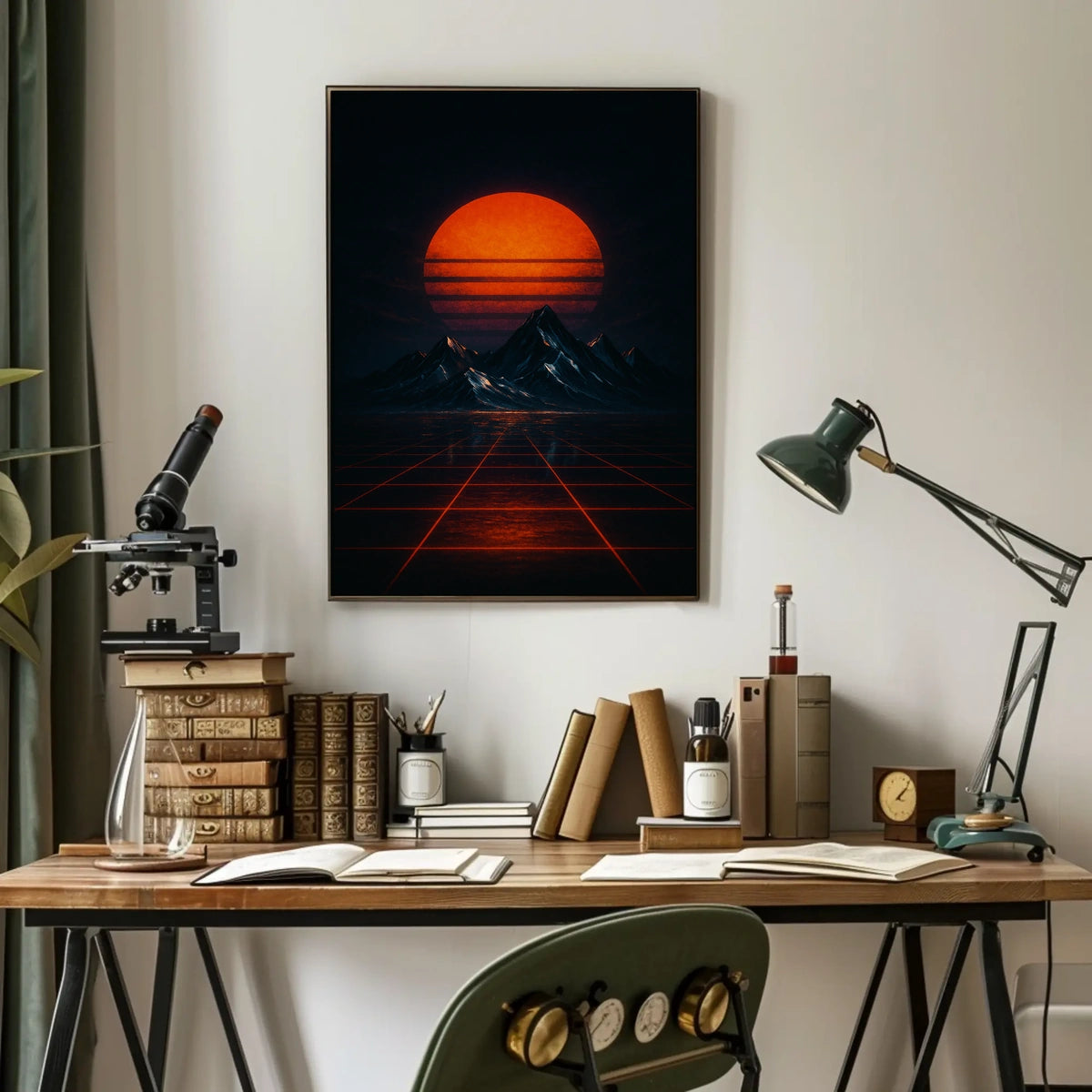Retro-Futuristic Synthwave Landscape with Glowing Sun - Futuristic Sci-Fi Poster