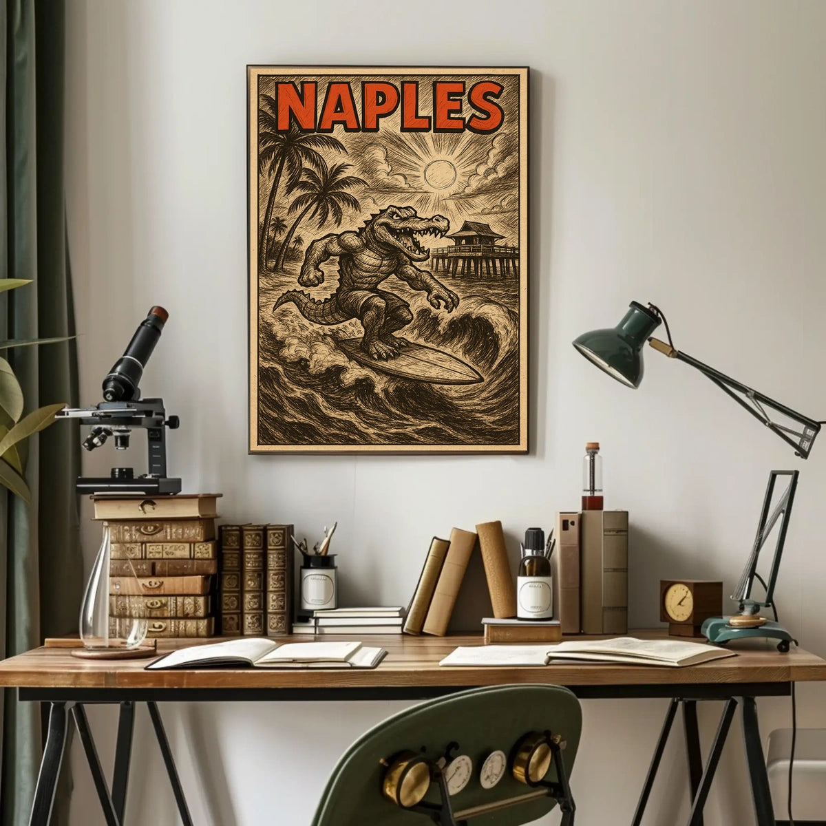 Coastal Surfing Alligator In Naples Poster Wall Art