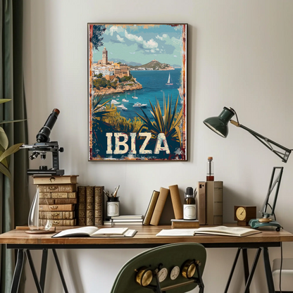 Ibiza Cliffside Town and Sailing Bay Travel Poster