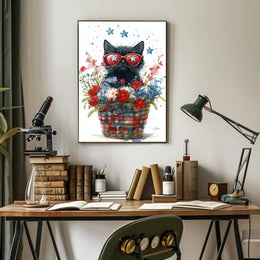 Black Cat With Star Sunglasses In Floral Basket Poster