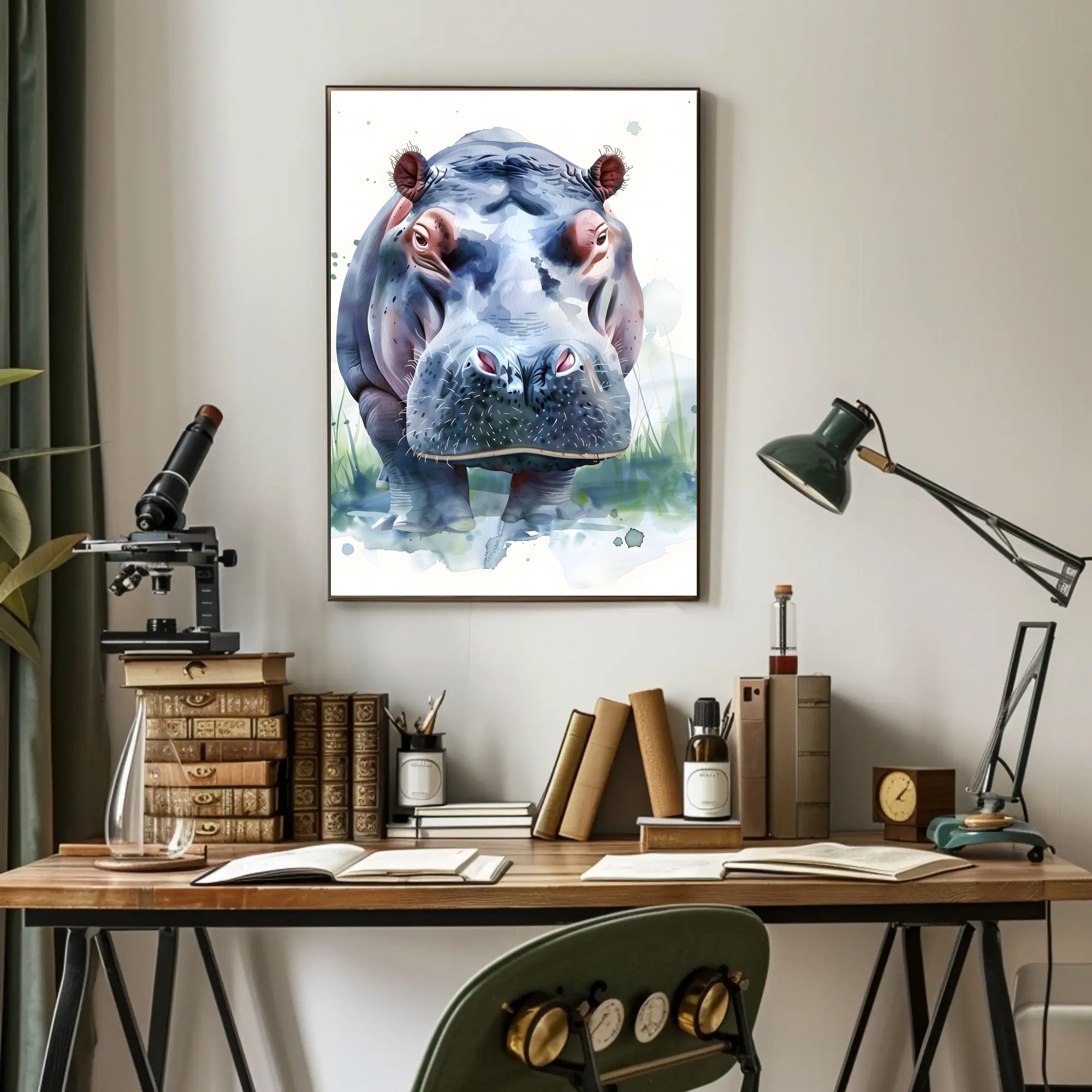Hippo Watercolor Portrait Poster Wall Art Print