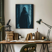 Mysterious Cloaked Figure in Gothic Stone Corridor PosterGoat
