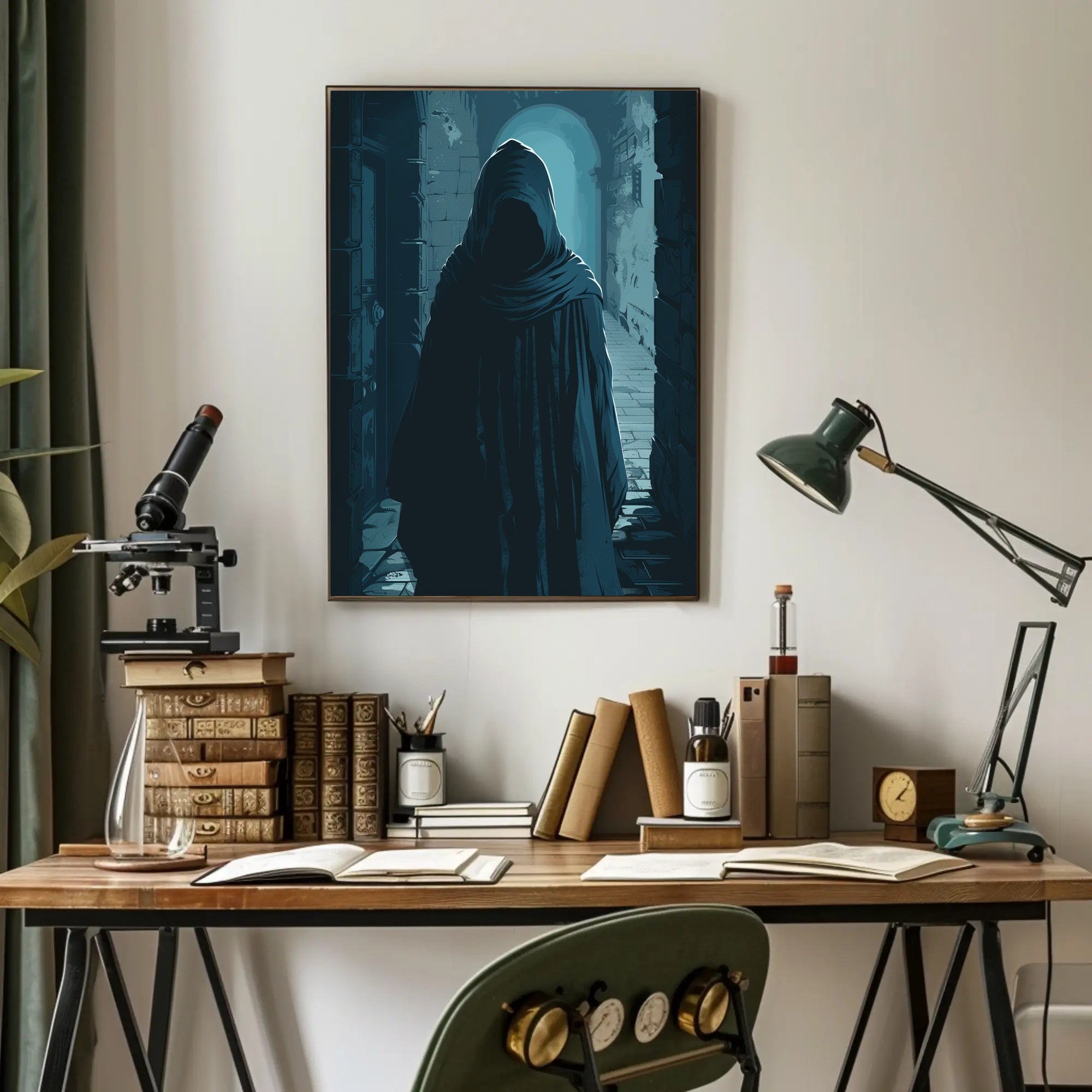 Mysterious Cloaked Figure in Gothic Stone Corridor PosterGoat