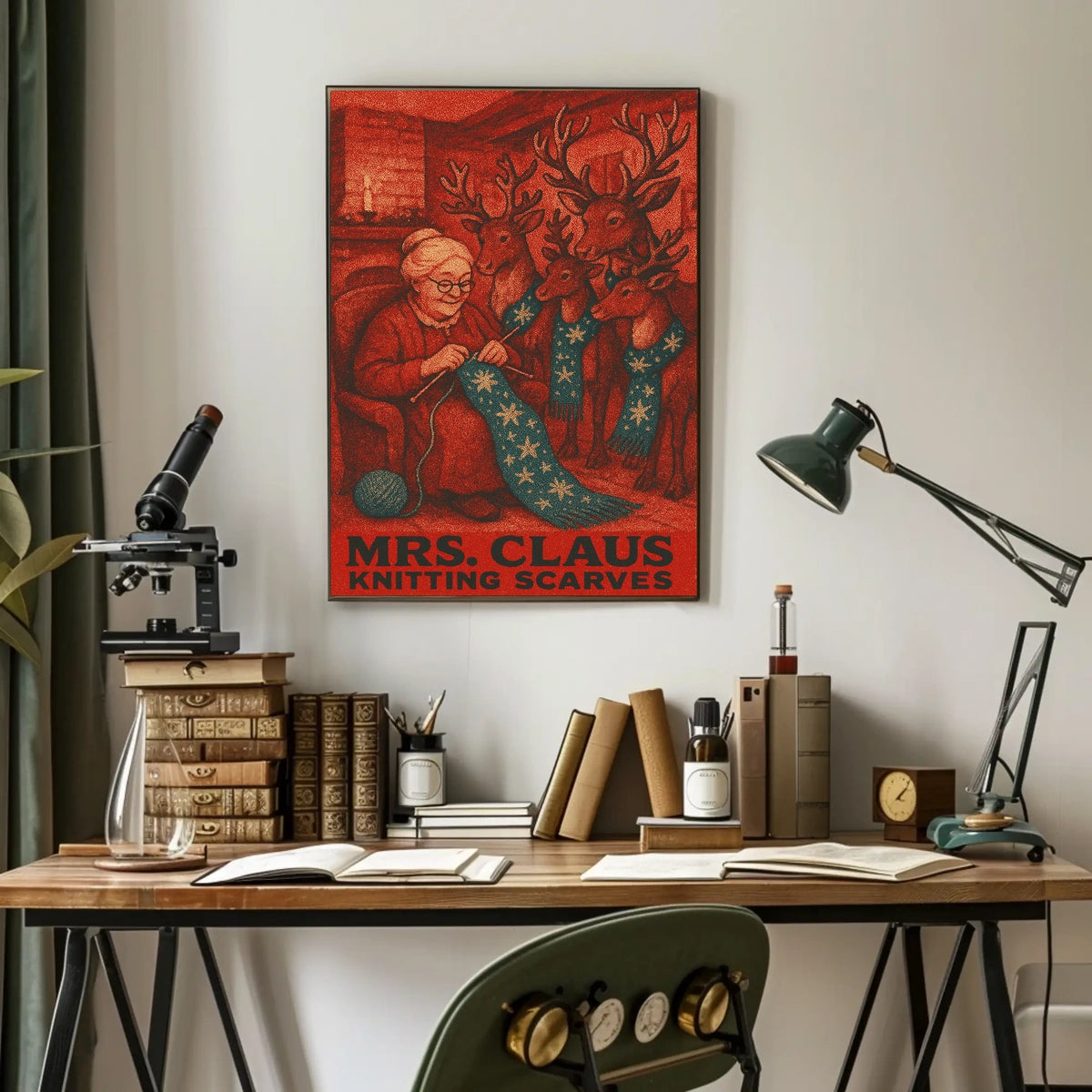 Mrs. Claus Knitting Scarves Poster