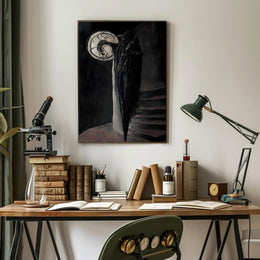 Shadowy Figure Meets Cracked Moon Fantasy or Mythology Poster PosterGoat