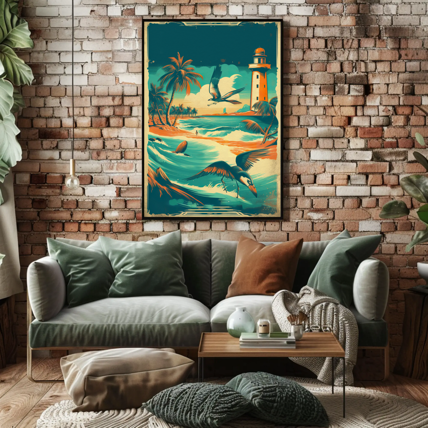 Tropical Coast Lighthouse Ocean Birds Vintage Travel Poster