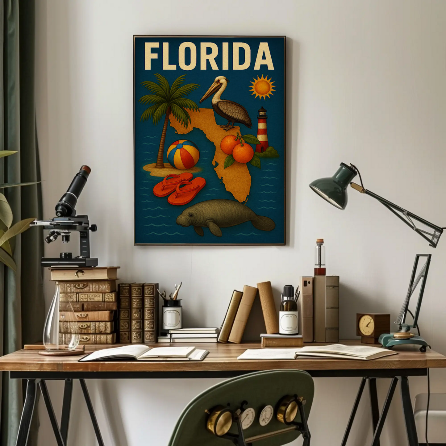 Florida State Symbols Pelican Map Lighthouse Travel Poster