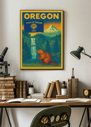 Vintage Oregon Travel Poster Featuring Iconic Natural Landmarks
