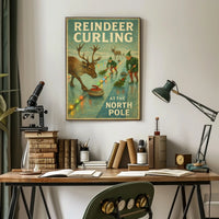 Reindeer Curling at the North Pole Poster