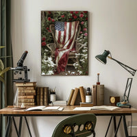 rustic garden chair with an old American flag draped Poster