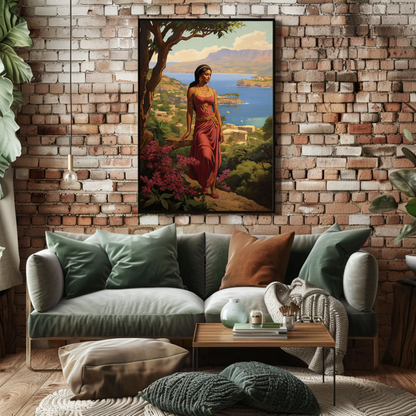Mediterranean Woman Overlook Coastal Beauty Vintage Travel Poster