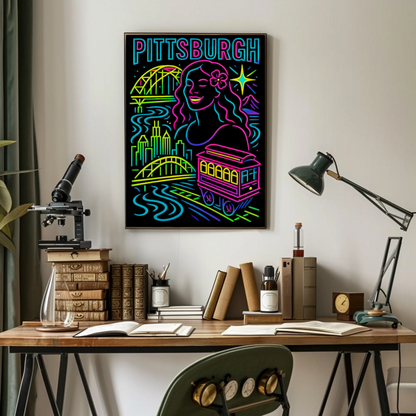 Pittsburgh Neon Bridge Trolley Skyline Travel Poster