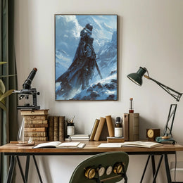 Warrior in Snowy Mountains: Epic Fantasy or Mythology Poster PosterGoat