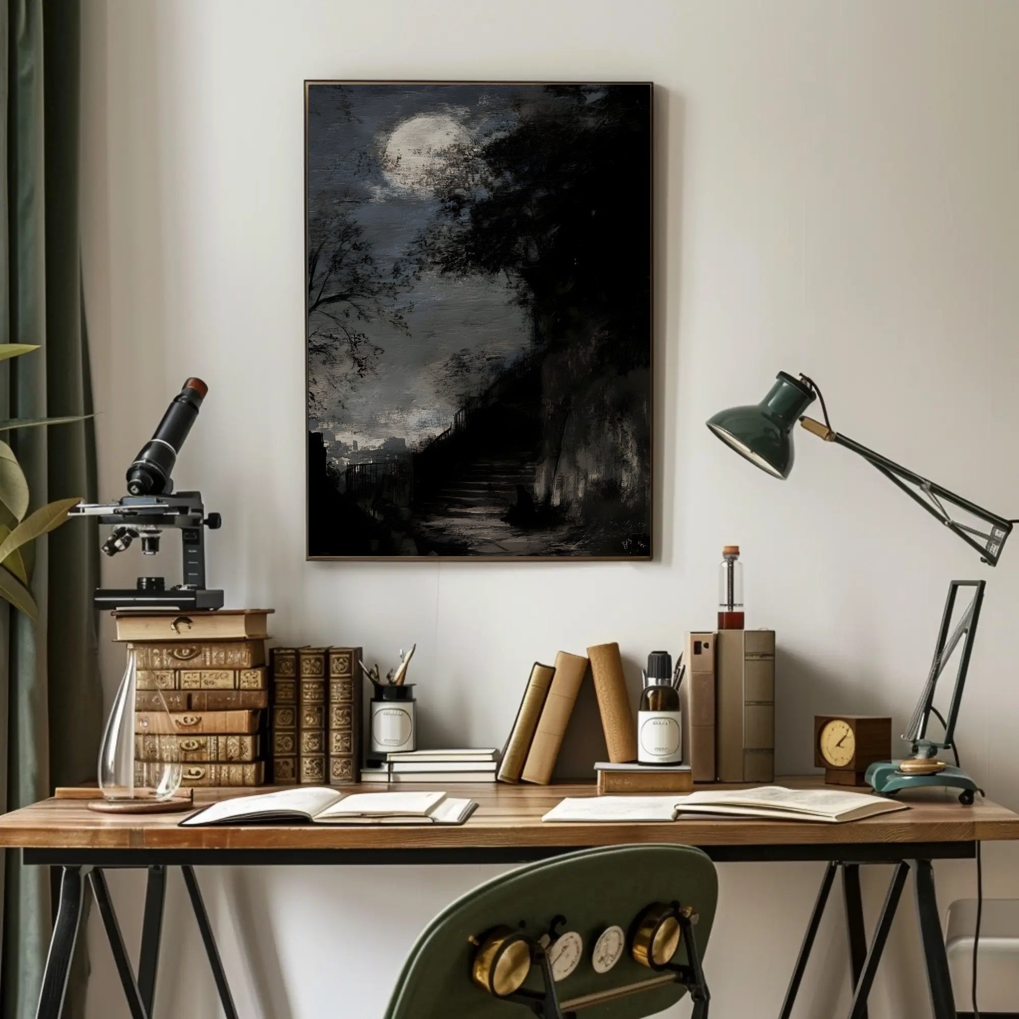 Full Moon on Haunted Staircase: Artistic Poster PosterGoat