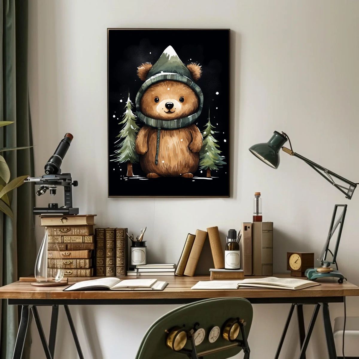 Whimsical Bear in Mountain Hood Cartoon Poster