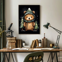 Whimsical Bear in Mountain Hood Cartoon Poster