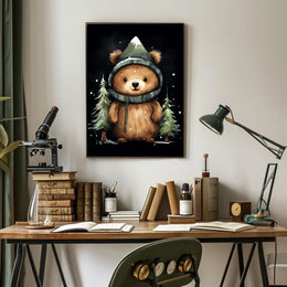 Whimsical Bear in Mountain Hood Cartoon Poster