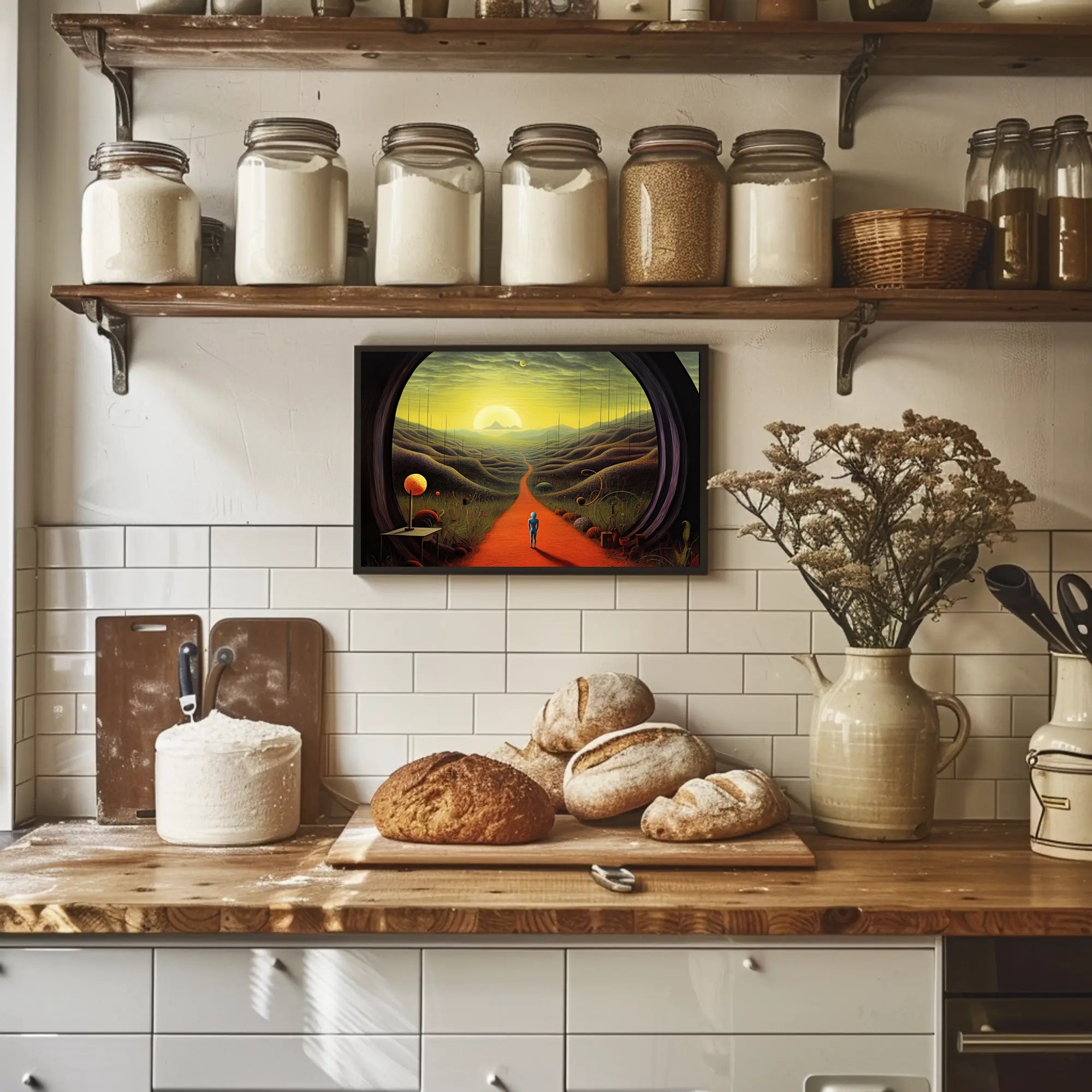 Surreal Explorer Landscape Portal: Futuristic Sci-Fi Poster