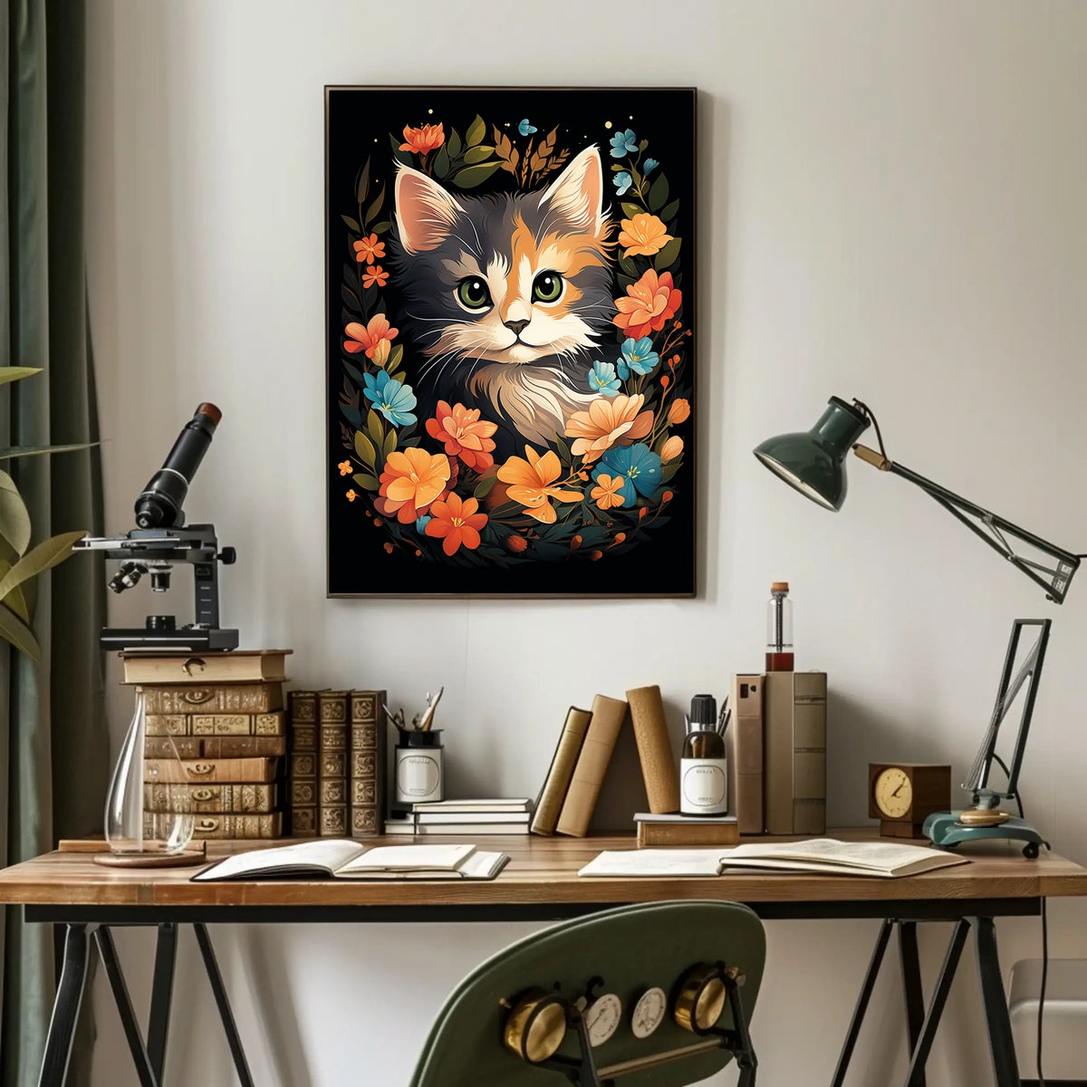 Charming Cat Amidst Vibrant Floral Wonderland Poster
