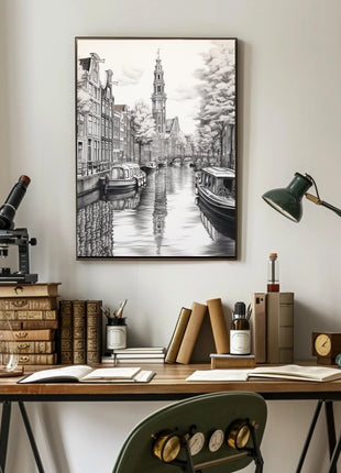 Amsterdam Canal Scene Vintage Illustration Travel Poster