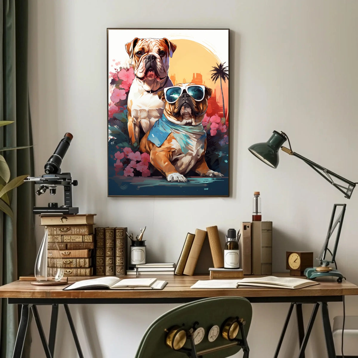 Bulldog Duo Tropical Adventure Poster for Pet Lovers