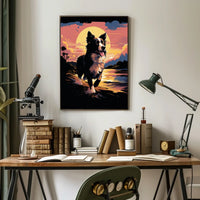 Running Dog at Sunset Shoreline Animal Poster