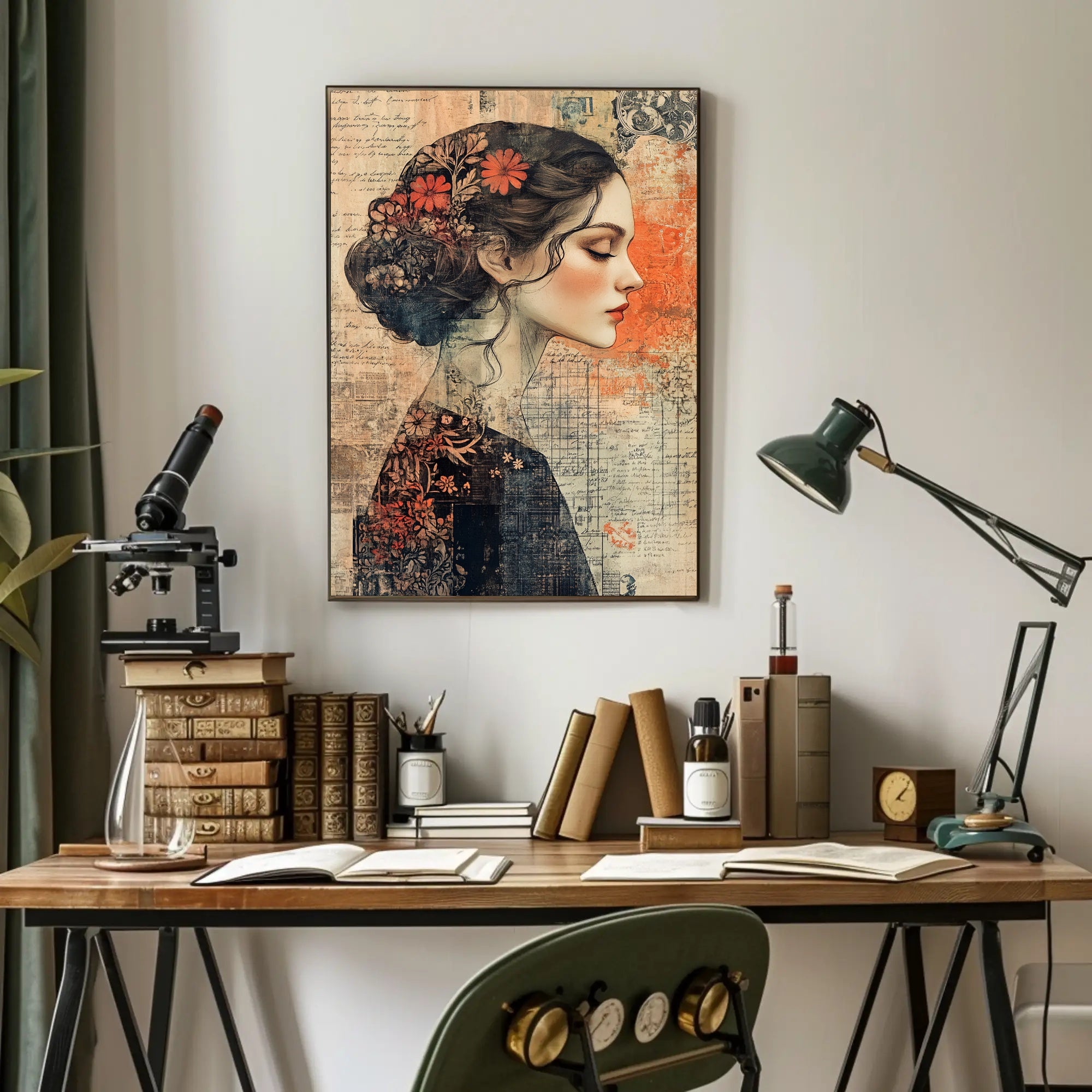 Elegant Woman's Profile with Floral Elements - Artistic Poster