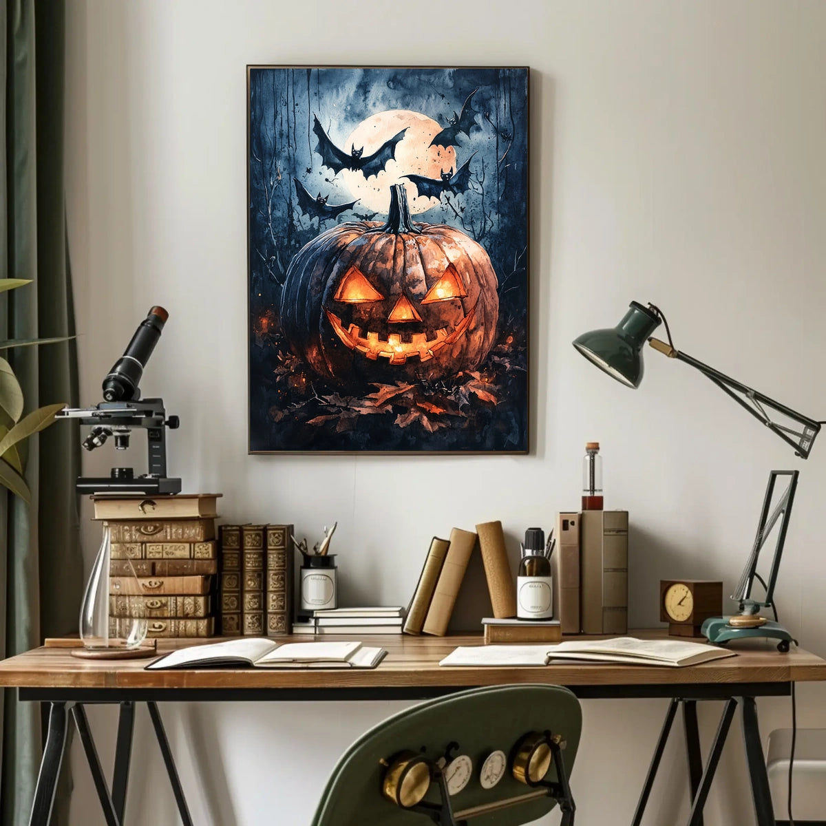 Halloween Night Jack-o'-Lantern and Bats Cultural Poster