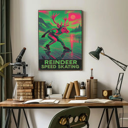 Reindeer Speed Skating Whimsical Winter Art Poster