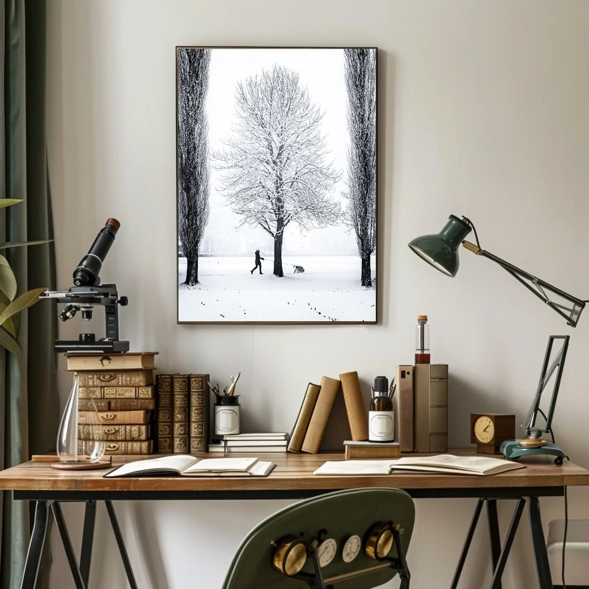 Winter Serenity: Dog Walker in Snowy Landscape