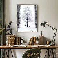 Winter Serenity: Dog Walker in Snowy Landscape