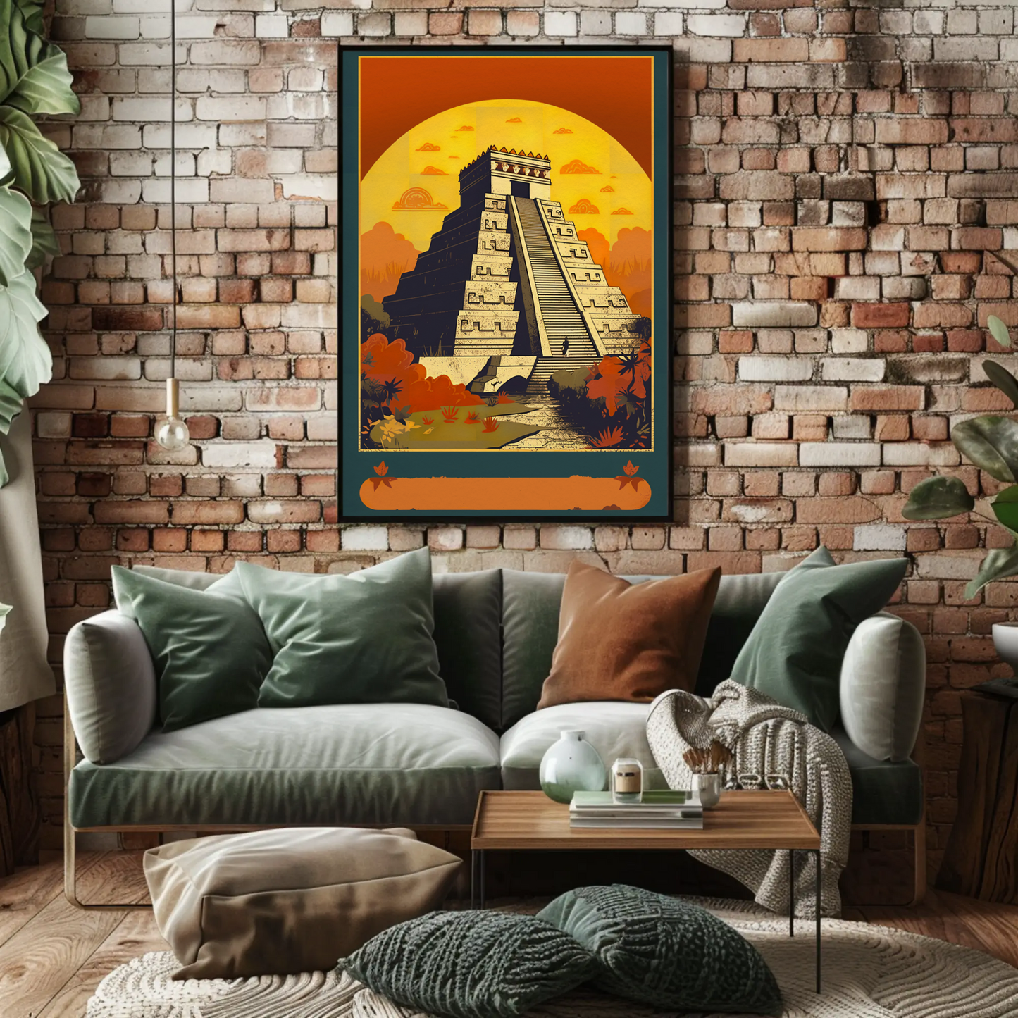 Mexico Chichen Itza Pyramid Sunset Vintage Travel Poster