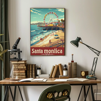Santa Monica California Ferris Wheel Oceanfront View Travel Poster