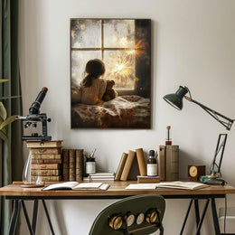 Little Girl Watching Fireworks At Window Scene Poster