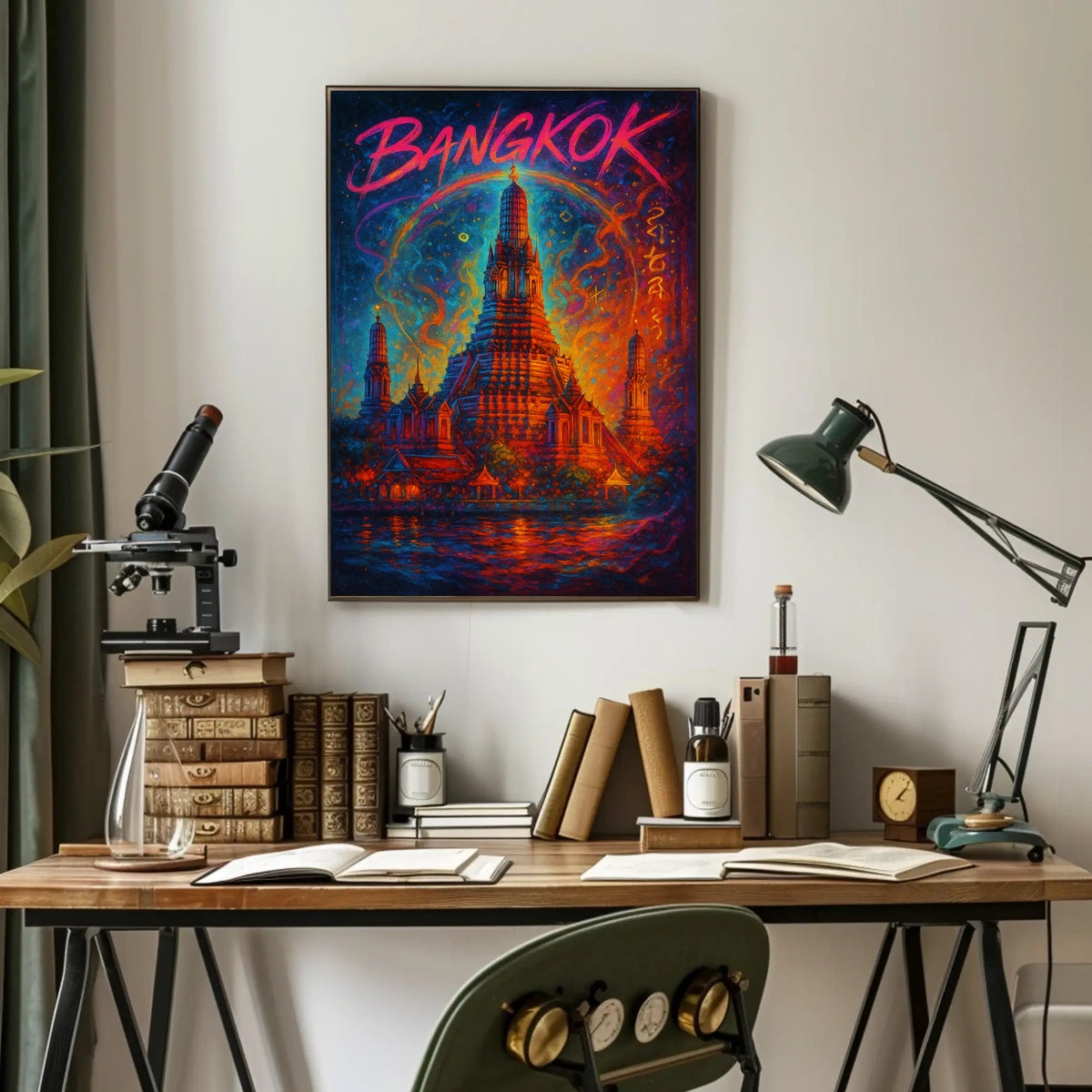 This vibrant poster art depicts an iconic temple in Bangkok, Thailand, likely the Travel Poster