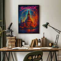 This vibrant poster art depicts an iconic temple in Bangkok, Thailand, likely the Travel Poster