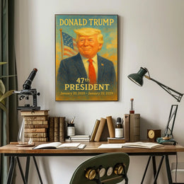 Donald Trump Dynamic Patriot Leadership Portrait Pop Art Realism Vibrant Flag Backdrop Collector Poster