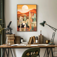 Sunset Riders in a Desert Cityscape Poster