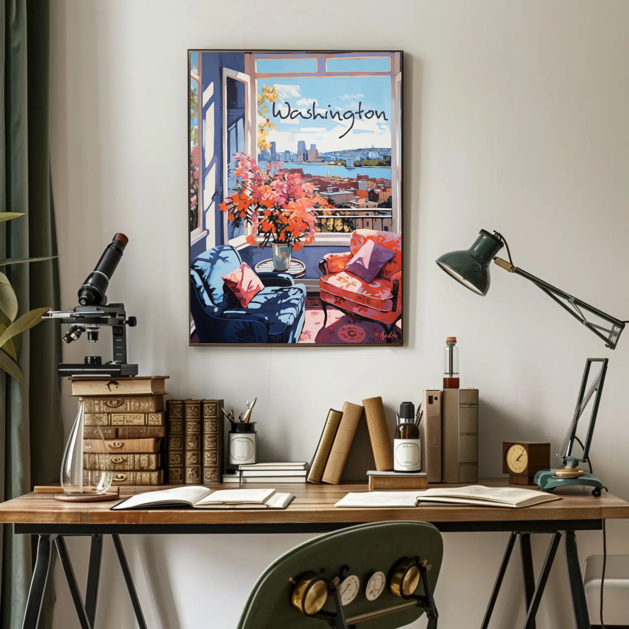 Inviting Urban View: Cozy Interior Cityscape Poster