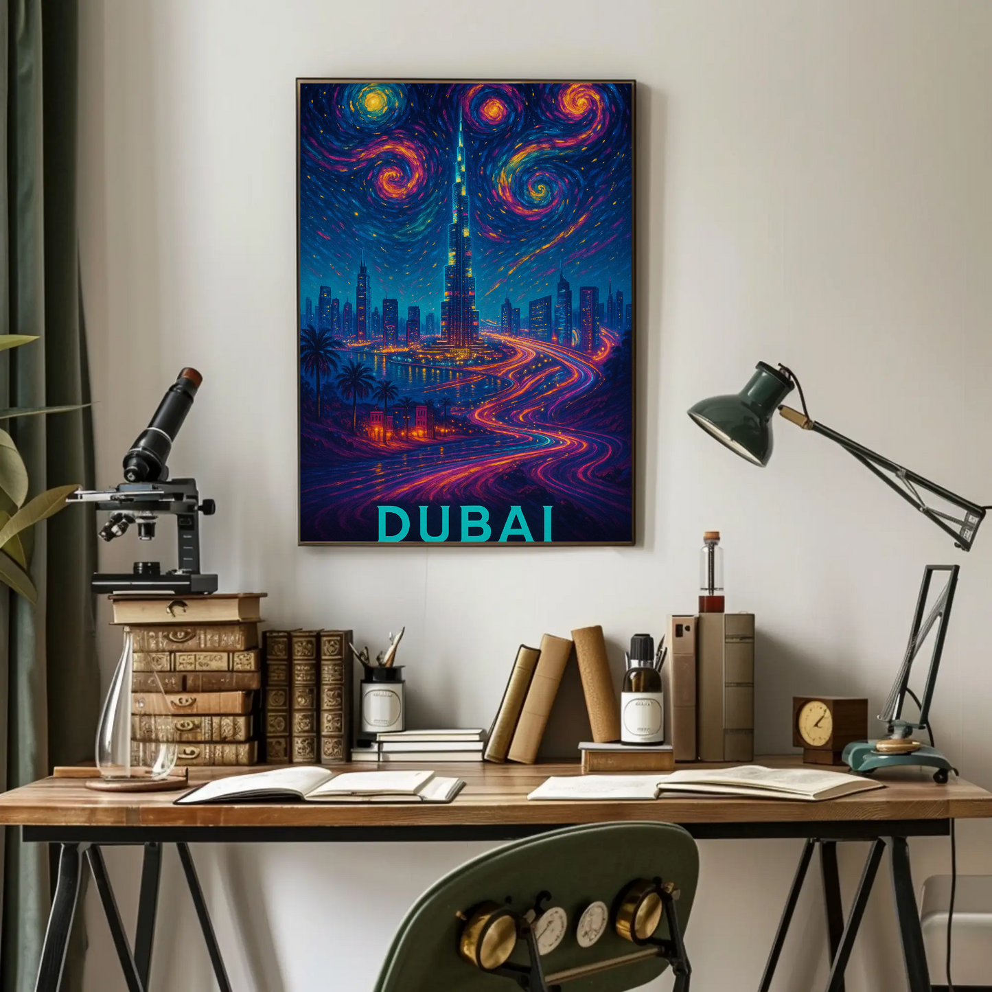 Dubai Burj Khalifa Starry Neon Skyline Night Travel Poster
