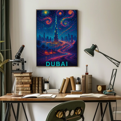Dubai Burj Khalifa Starry Neon Skyline Night Travel Poster