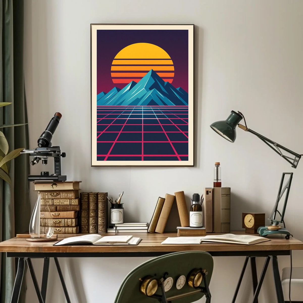 Retro-Futuristic Synthwave Mountain Landscape Futuristic Sci-Fi Poster