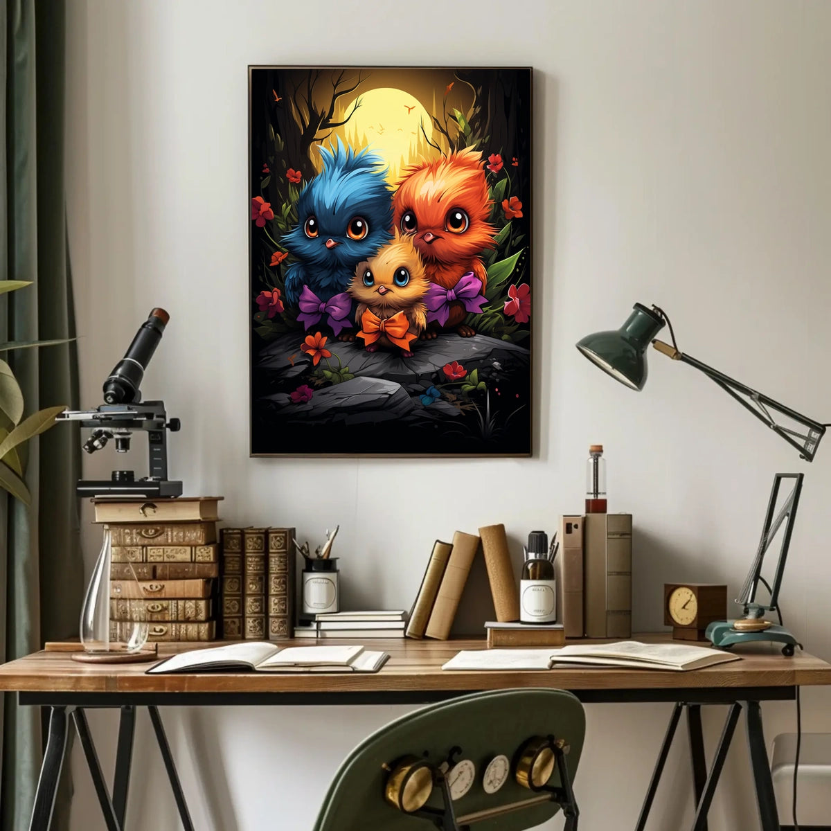 Whimsical Birds in Moonlit Forest Poster Art