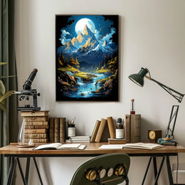 Enchanted Moonlit Mountain Landscape Fantasy Art Poster