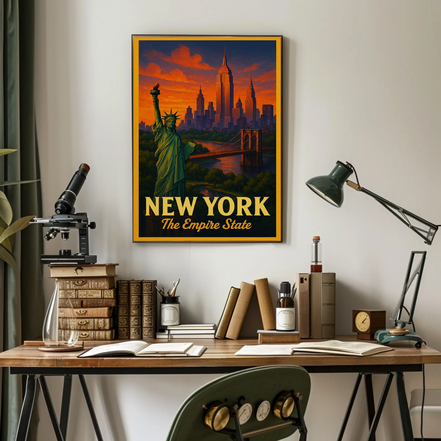 New York Empire State Liberty Brooklyn Bridge Sunset Travel Poster