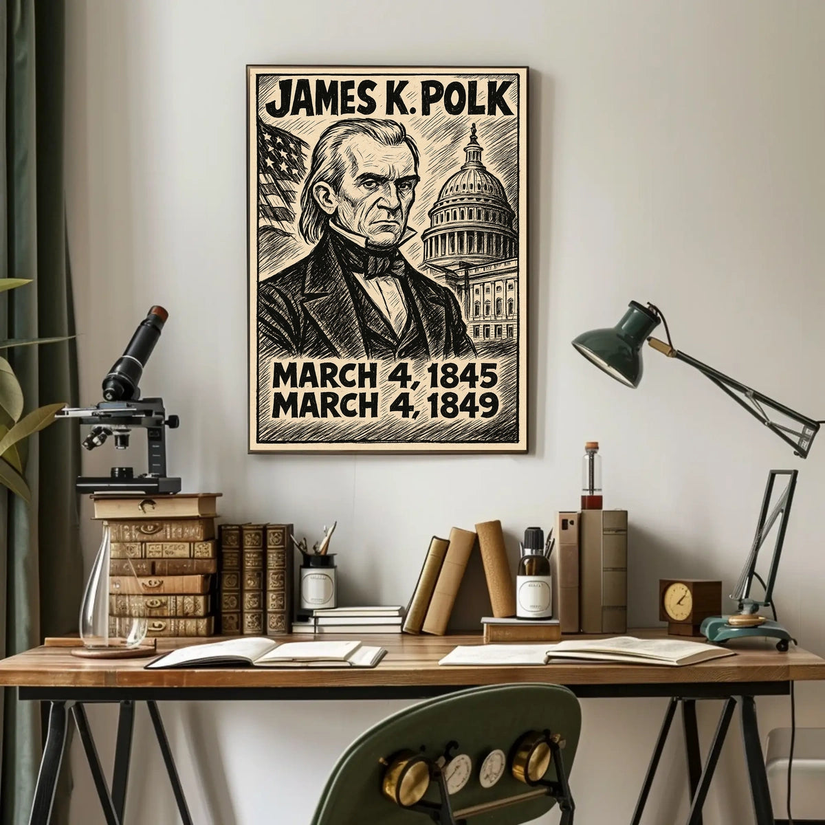 James K. Polk 11th President of the United States B & W Comic Sketch Poster