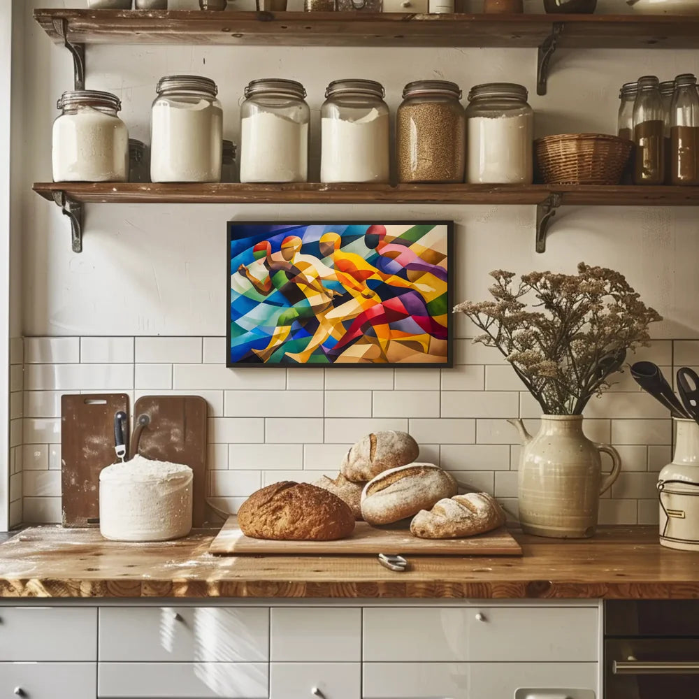 Dynamic Cubist Athletes in Motion Art Poster
